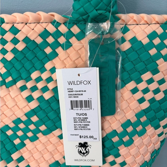 Wildfox Large Green and Peach Woven Tote Bag Beach Bag Travel Tote Bag NEW - Picture 2 of 4